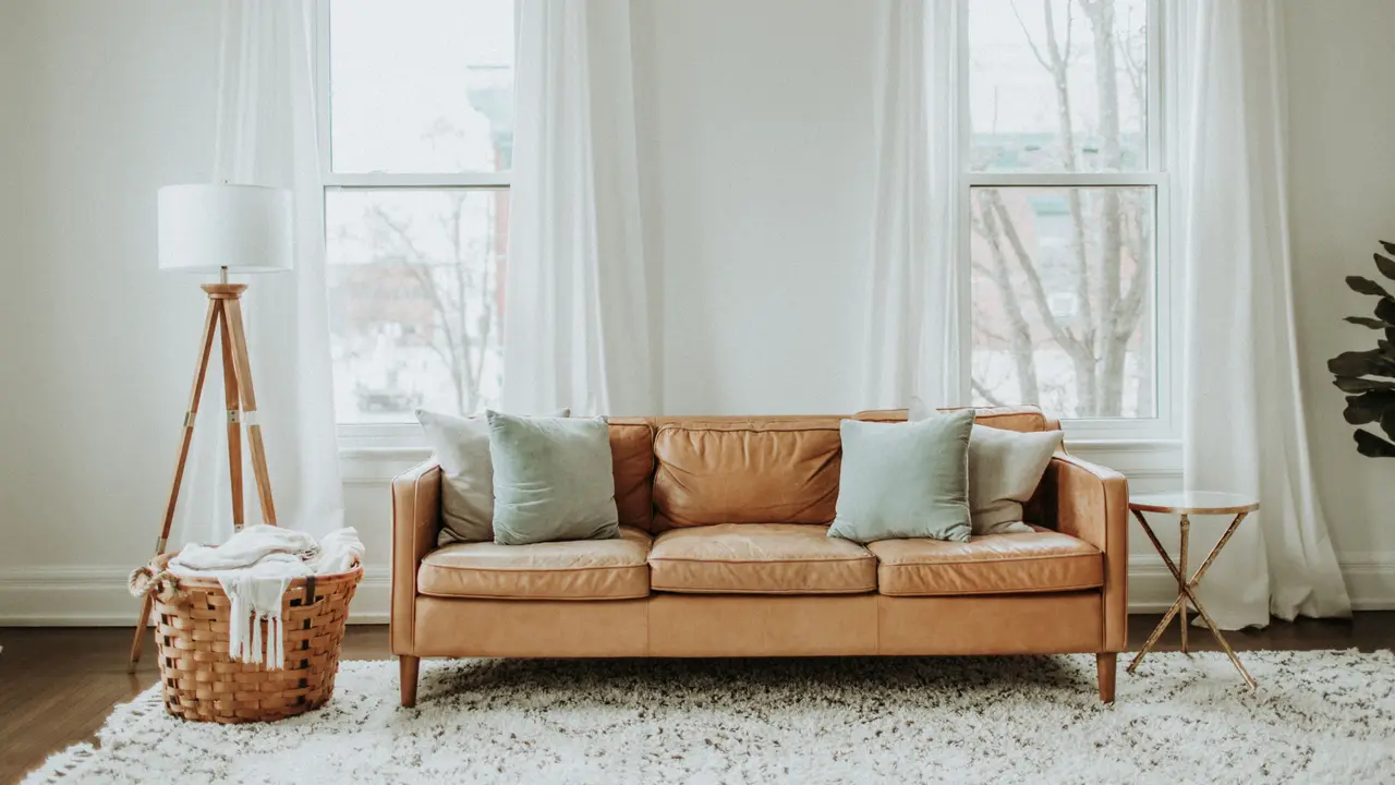 Tan leather sofa in a bright living room